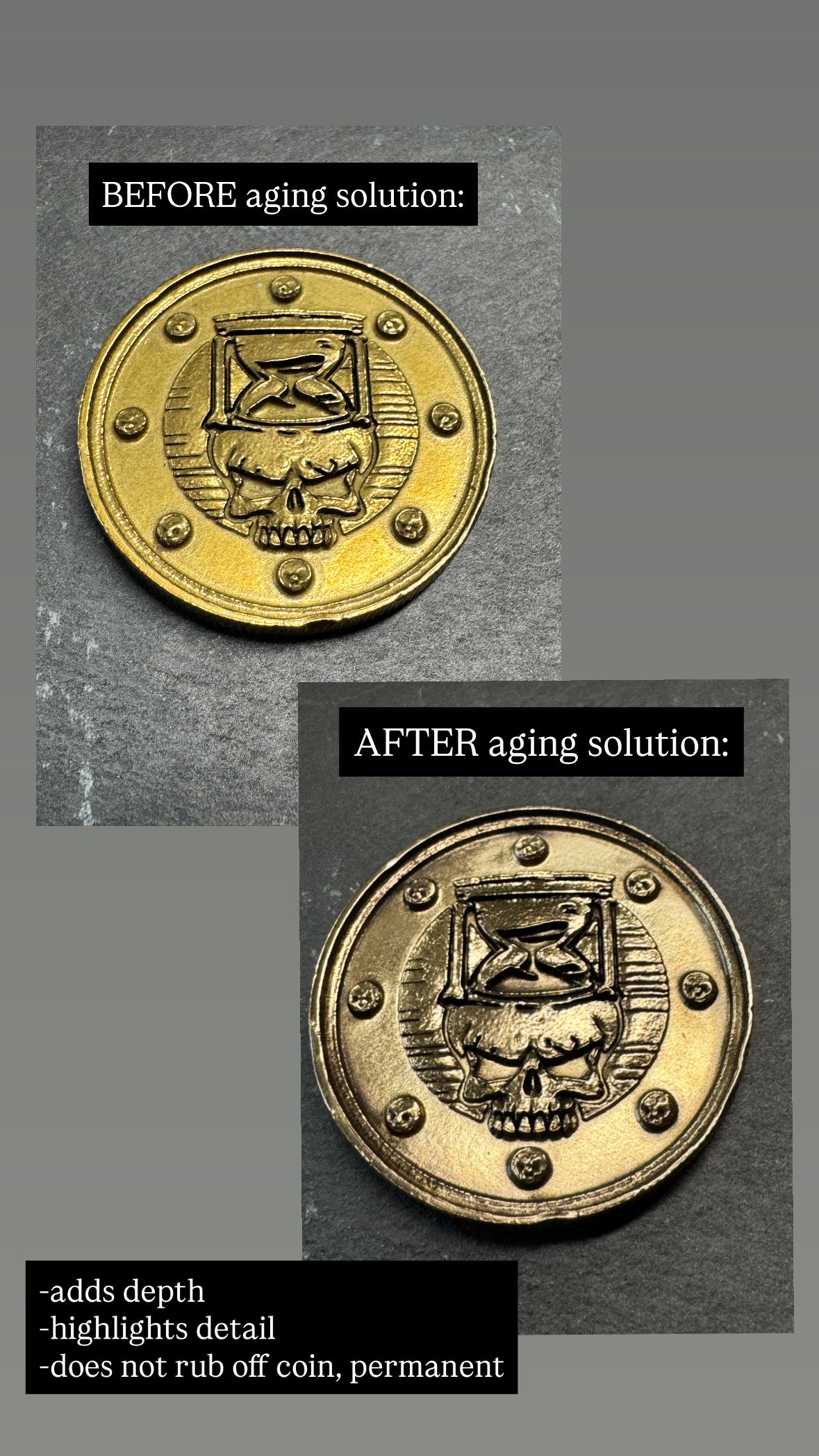 Before and after image of a coin with aging solution. Aging solution can be added to your coin for $10.